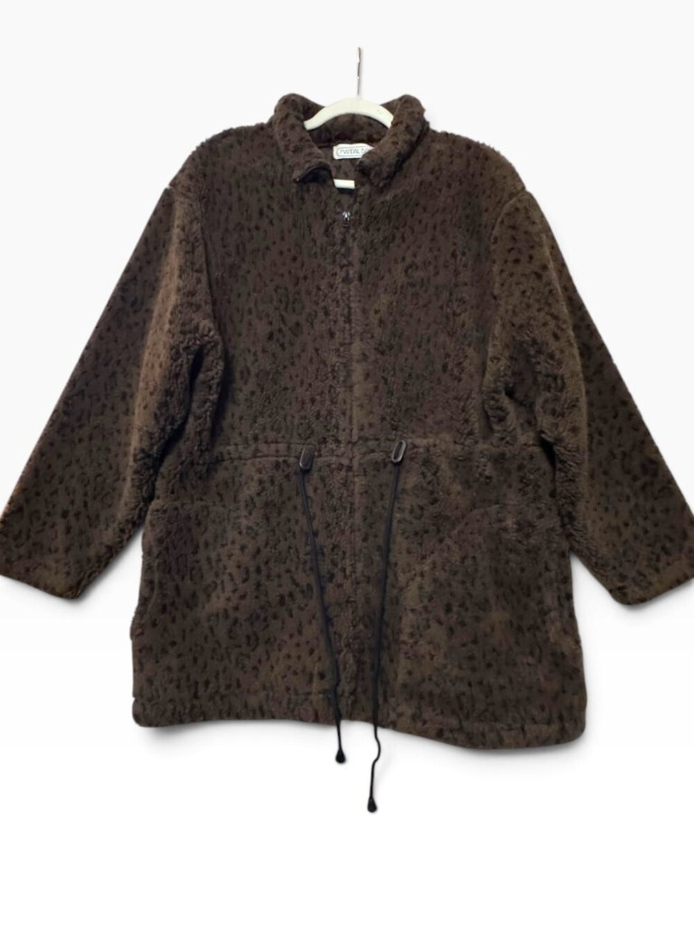 Mandal Bay Fleece Zip-Up Coat Brown Animal Print Hoodless Relaxed Fit Outerwear